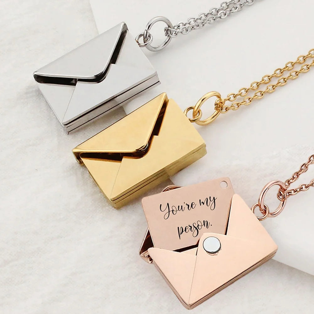 Engraved Envelope With Secret Message Pendant Necklace